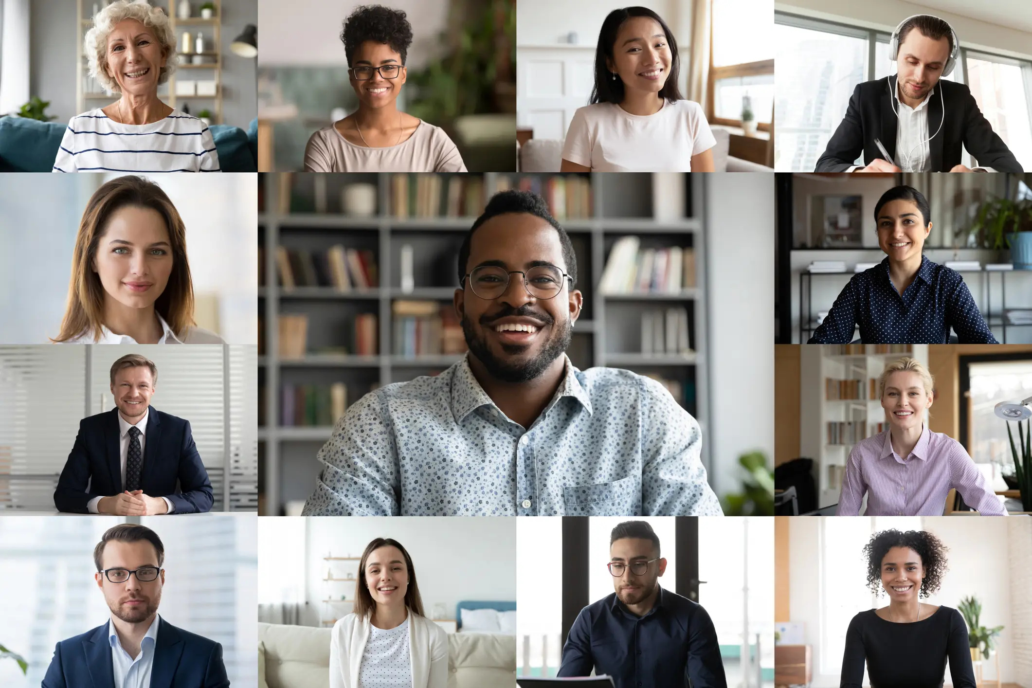 image: a group of diverse people in a virtual meeting, all wearing business attire